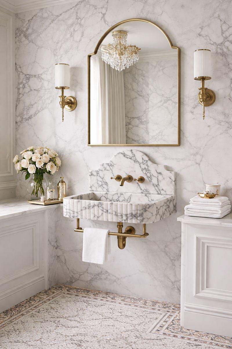Fluted Calacatta Viola Marble Sink: Handmade Wall Mounted Vanity Basin