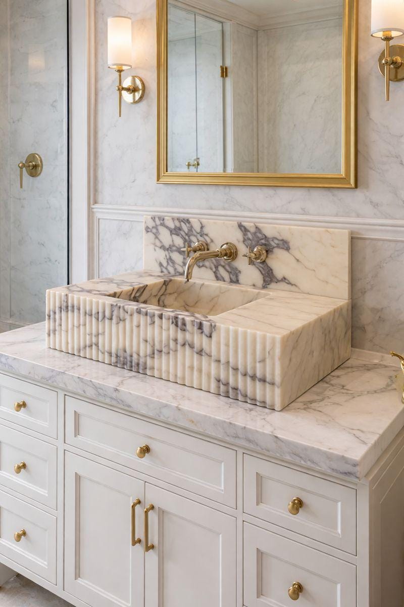 Calacatta Viola Handmade Marble Luxury Bathroom Sink With Backsplash: Custom Size Marble Stone Vanity