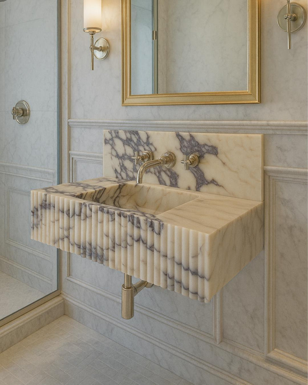 Calacatta Viola Handmade Marble Luxury Bathroom Sink With Backsplash: Custom Size Marble Stone Vanity