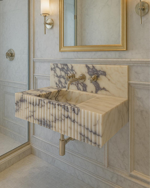 Calacatta Viola Handmade Marble Luxury Bathroom Sink With Backsplash: Custom Size Marble Stone Vanity