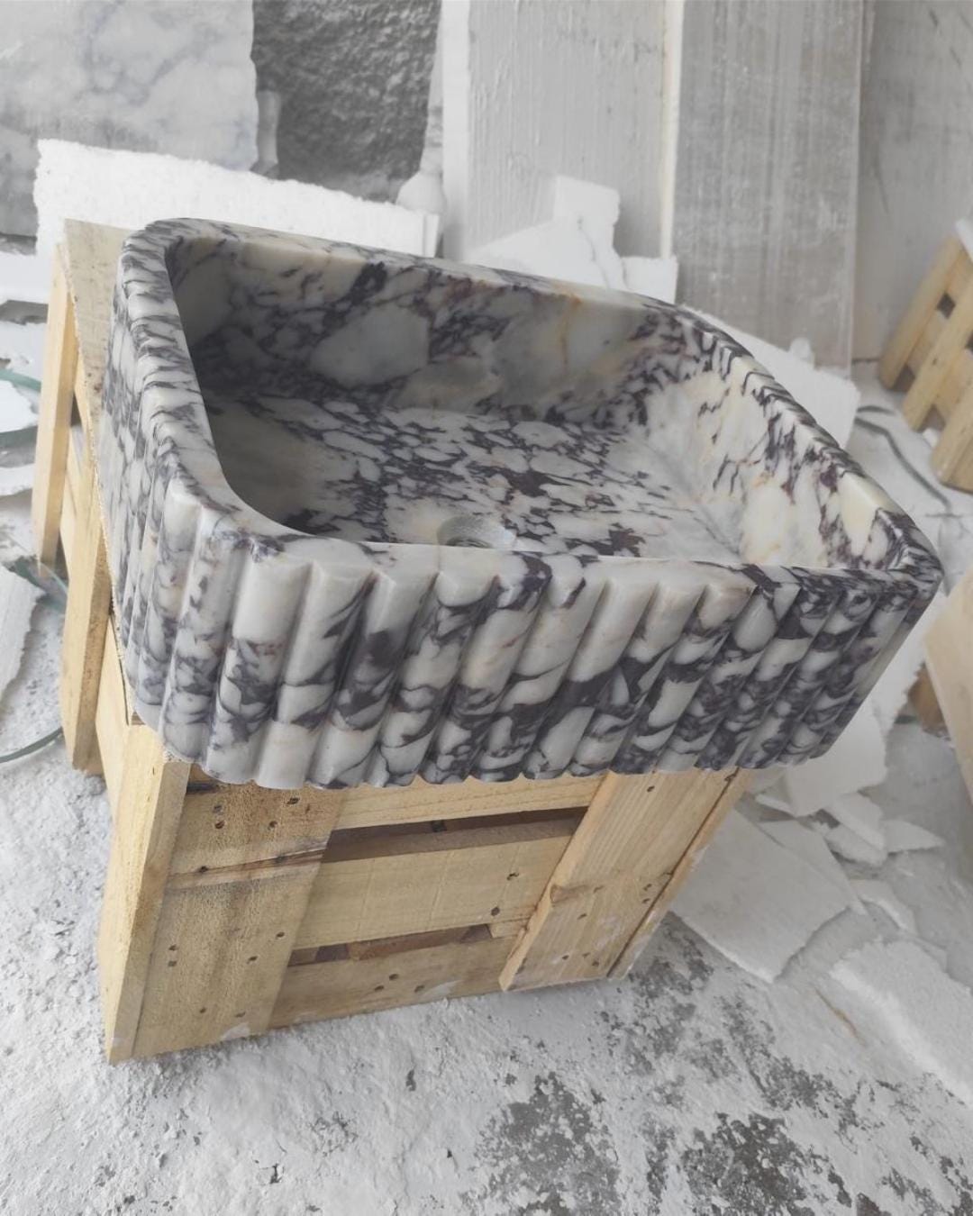 Hand Carved Calacatta Viola Marble Sink: Custom Wall Mount Vanity Basin Luxury Bathroom