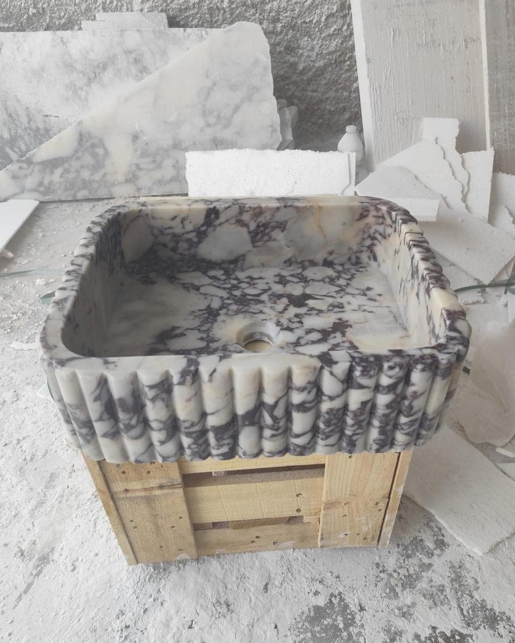 Hand Carved Calacatta Viola Marble Sink: Custom Wall Mount Vanity Basin Luxury Bathroom