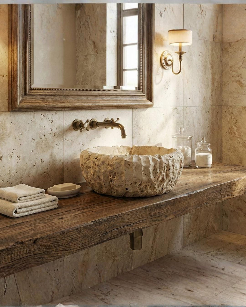 Travertine Round Natural Stone Sink: Luxury Bathroom Marble Sink
