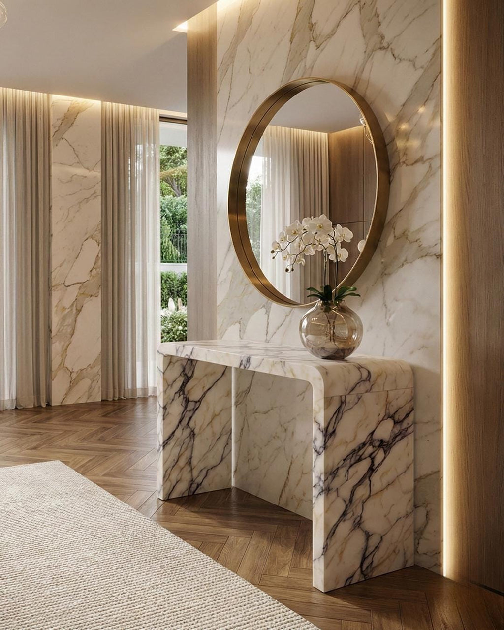 Handmade Calacatta Marble Console Table: Entryway Natural Stone Console | Luxury Modern Hallway Furniture Dresser