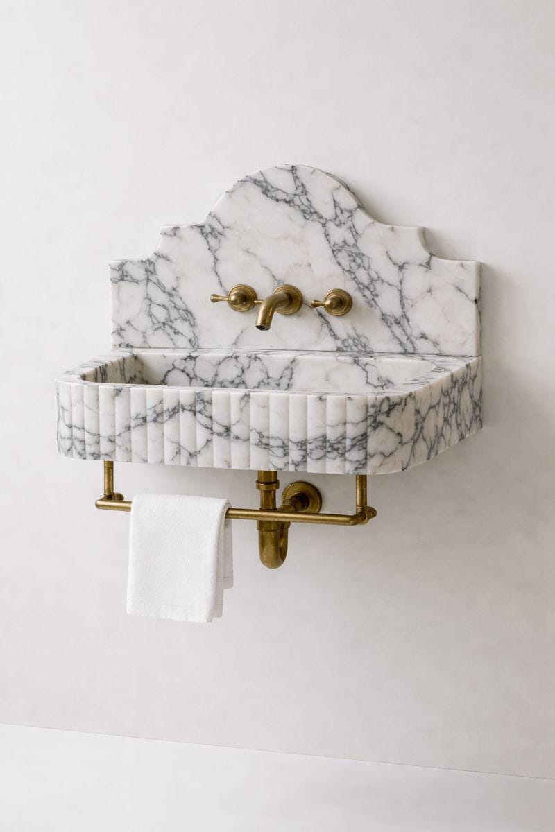 Fluted Calacatta Viola Marble Sink: Handmade Wall Mounted Vanity Basin