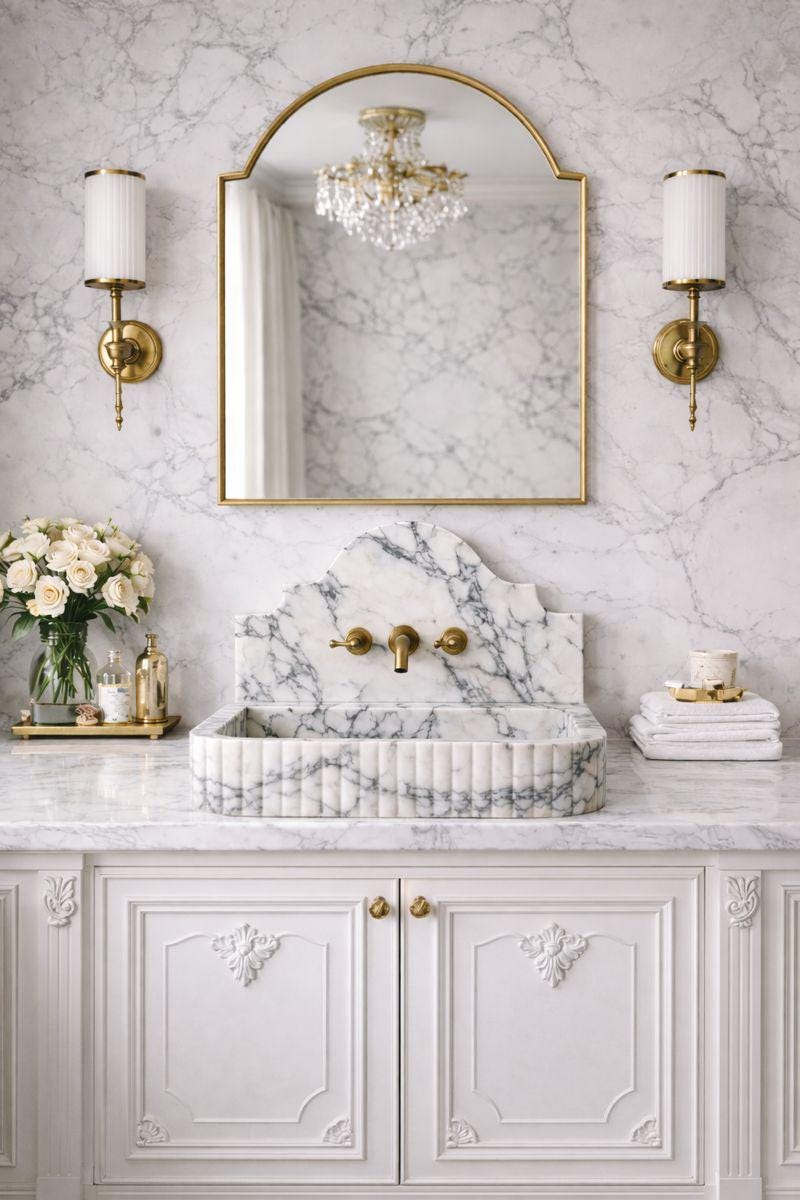 Fluted Calacatta Viola Marble Sink: Handmade Wall Mounted Vanity Basin