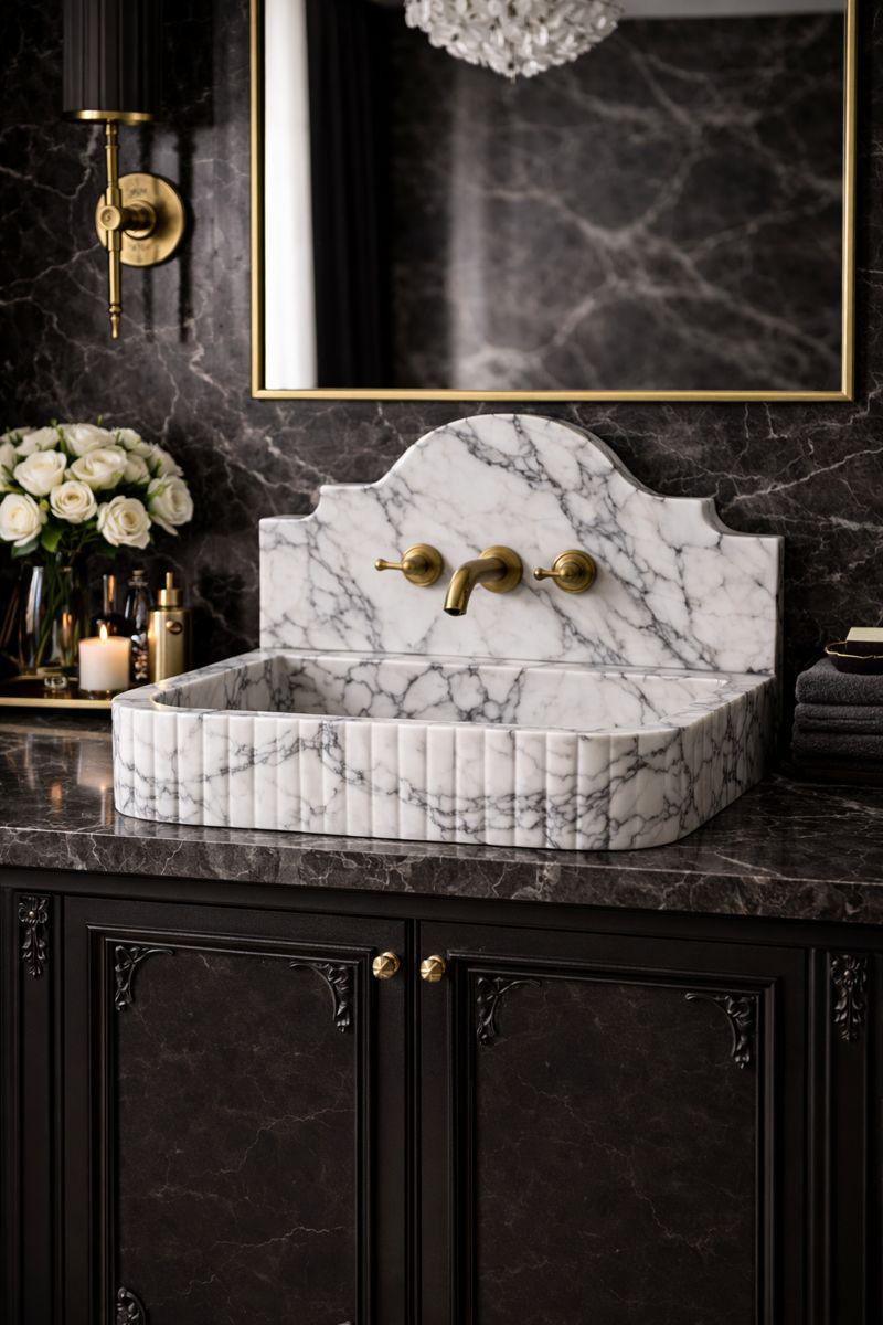 Fluted Calacatta Viola Marble Sink: Handmade Wall Mounted Vanity Basin