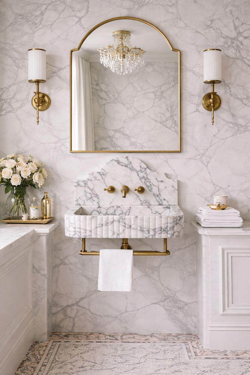 Fluted Calacatta Viola Marble Sink: Handmade Wall Mounted Vanity Basin