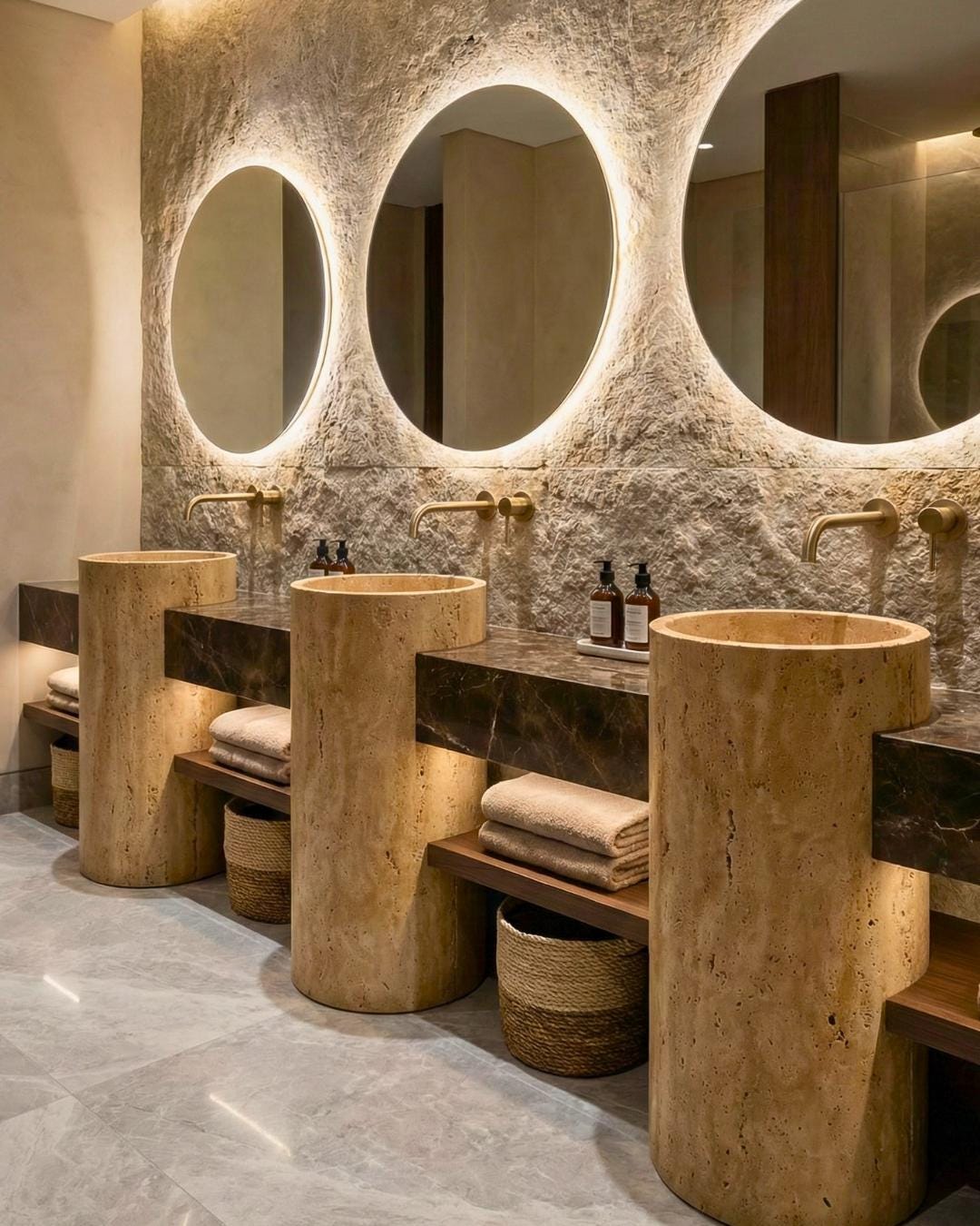 Travertine Tall Round Natural Stone Sink: Handmade Custom Size Luxury Bathroom Vanity
