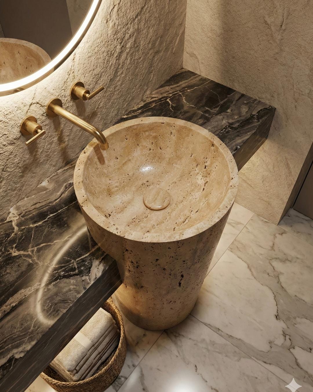 Travertine Tall Round Natural Stone Sink: Handmade Custom Size Luxury Bathroom Vanity