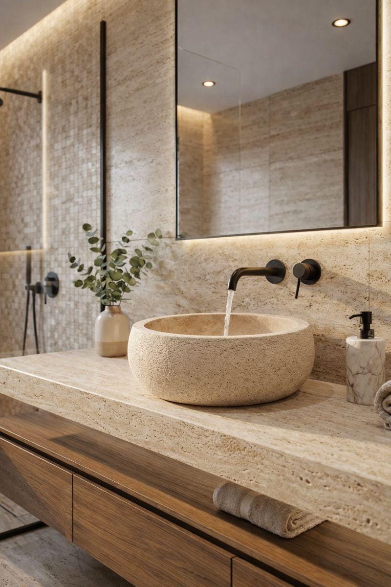 Handmade Travertine Sink Luxury Bathroom Natural Stone Round Basin Handcrafted Custom Size Vanity Sink