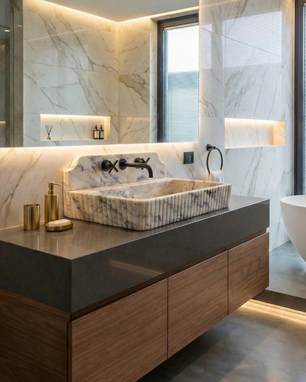 Hand Carved Calacatta Viola Marble Sink with Backsplash, Custom Size