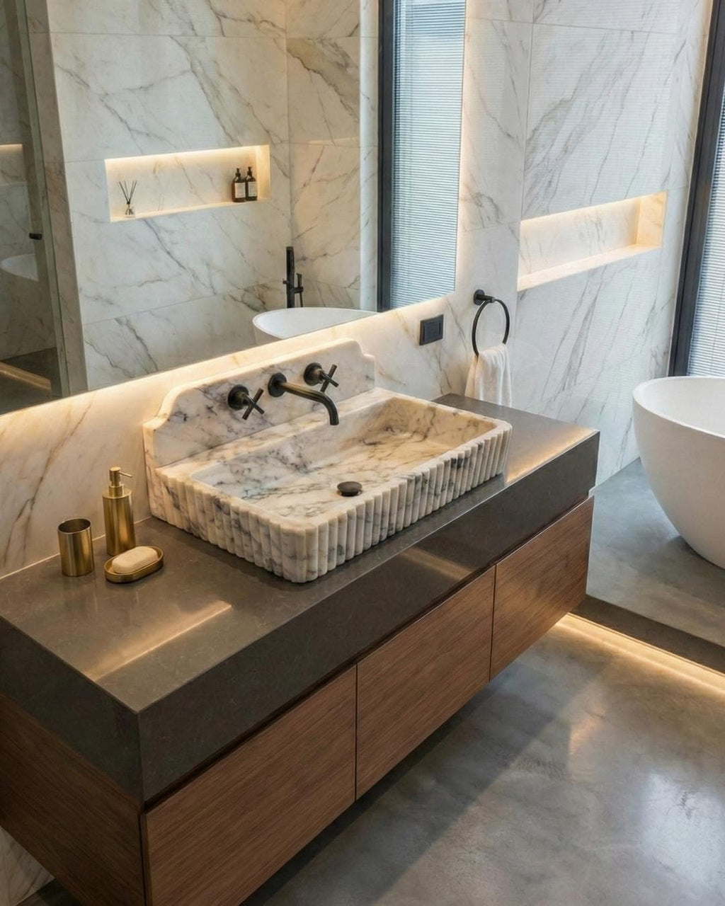 Hand Carved Calacatta Viola Marble Sink with Backsplash, Custom Size
