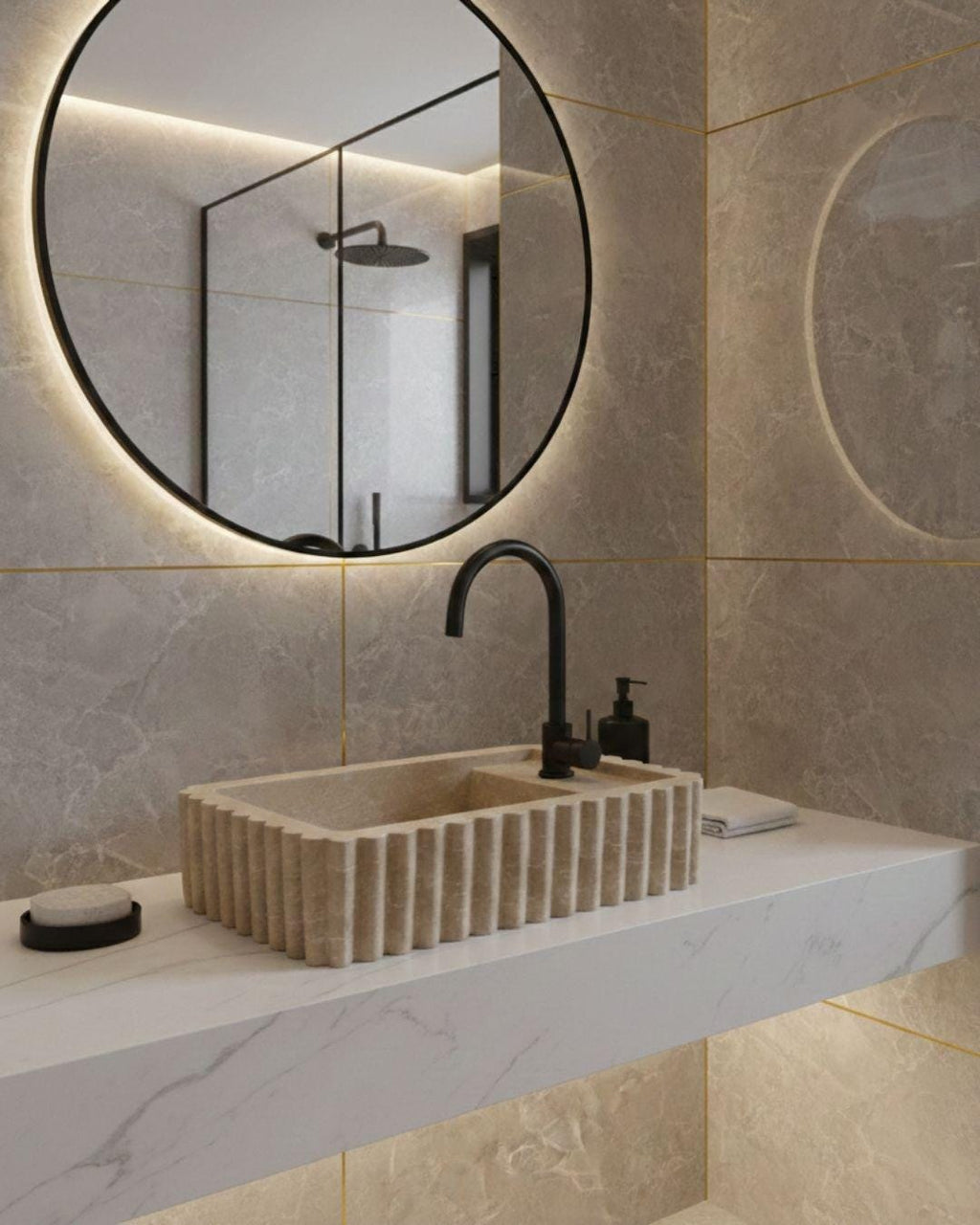Handmade Fluted Travertine Marble Sink, Natural Stone Vessel , Ribbed Bathroom Vanity Basin, Hand-Carved Sink