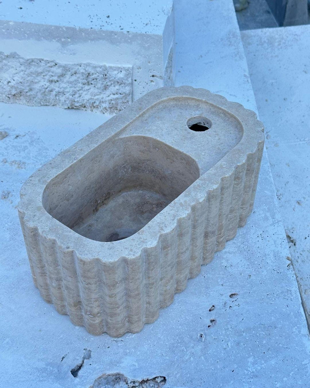 Handmade Fluted Travertine Marble Sink, Natural Stone Vessel , Ribbed Bathroom Vanity Basin, Hand-Carved Sink