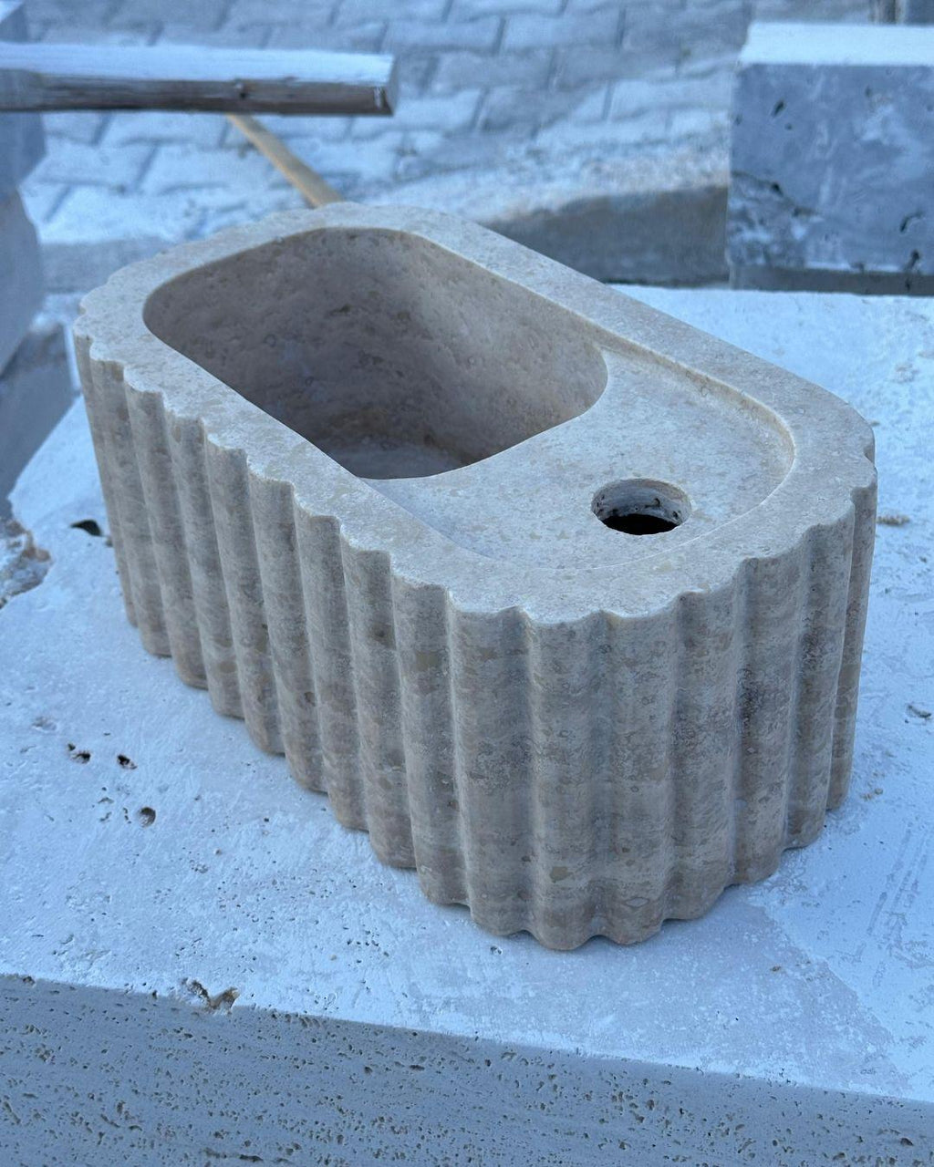 Handmade Fluted Travertine Marble Sink, Natural Stone Vessel , Ribbed Bathroom Vanity Basin, Hand-Carved Sink