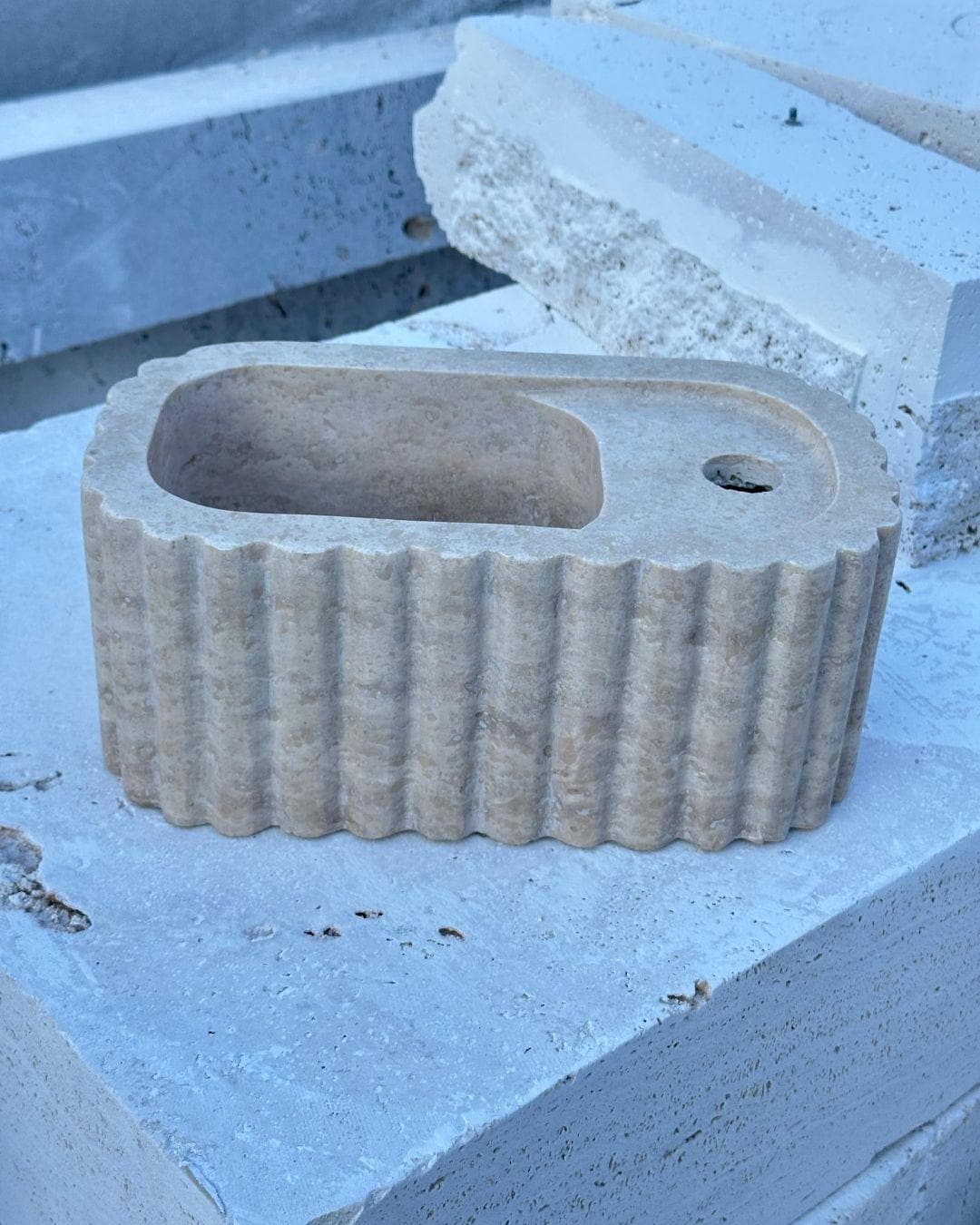 Handmade Fluted Travertine Marble Sink, Natural Stone Vessel , Ribbed Bathroom Vanity Basin, Hand-Carved Sink