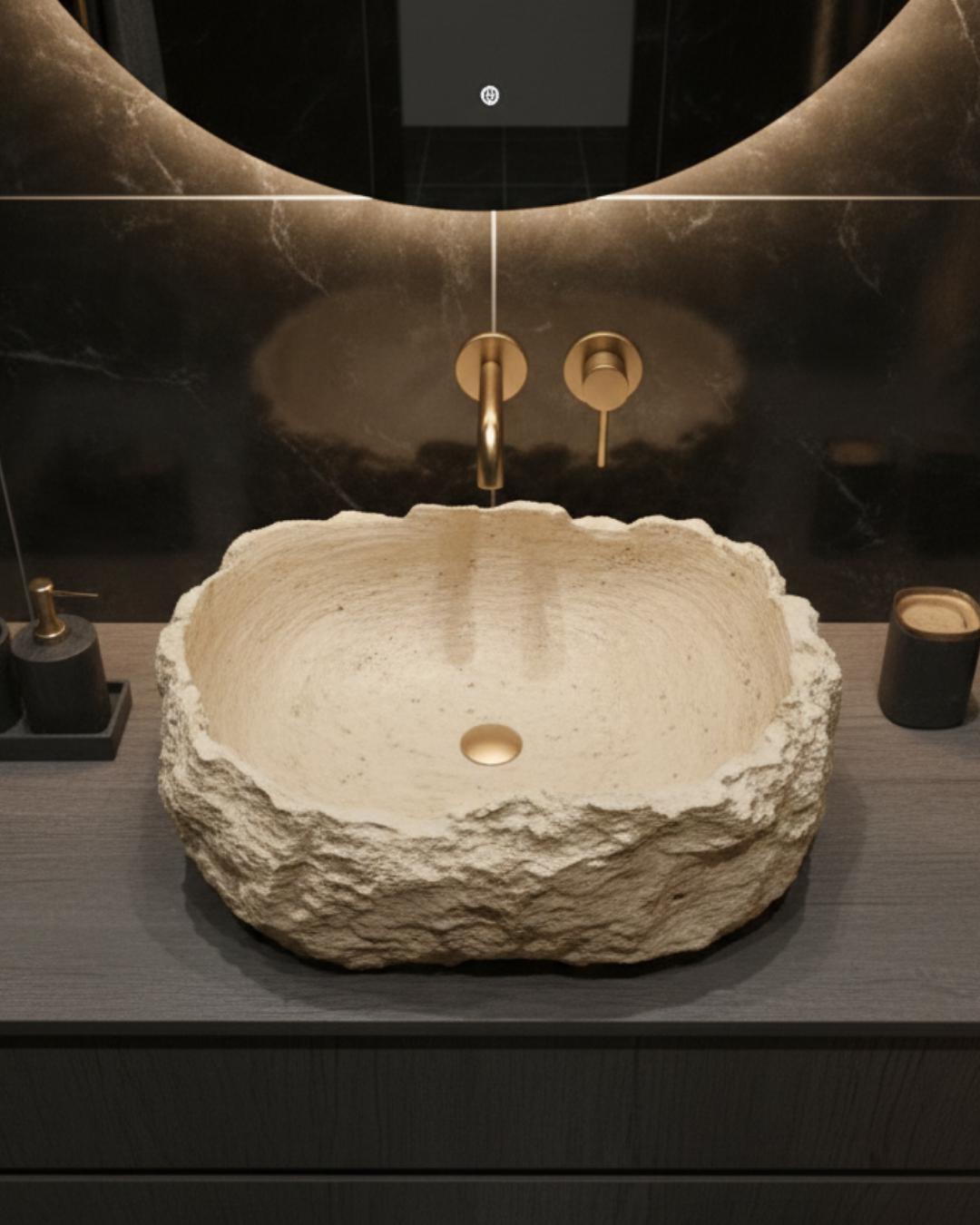 Handmade Travertine Natural Stone Round Sink: Luxury Bathroom Vanity Natural Designer Basin