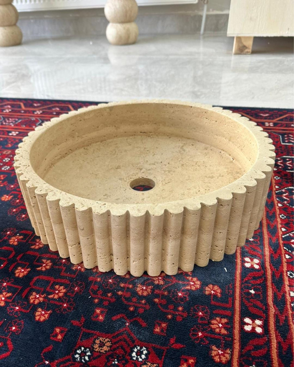 Handmade Travertine Round Fluted Sink Luxury Natural Stone Bathroom Vanity Basin