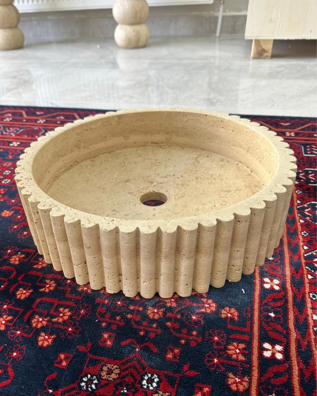 Handmade Travertine Round Fluted Sink Luxury Natural Stone Bathroom Vanity Basin