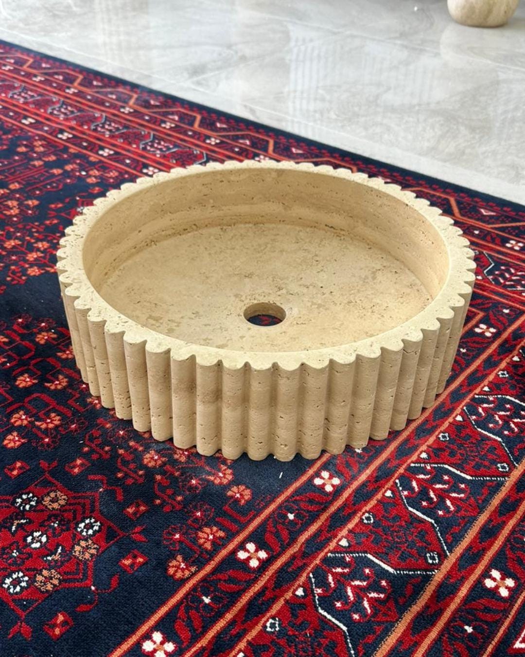Handmade Travertine Round Fluted Sink Luxury Natural Stone Bathroom Vanity Basin