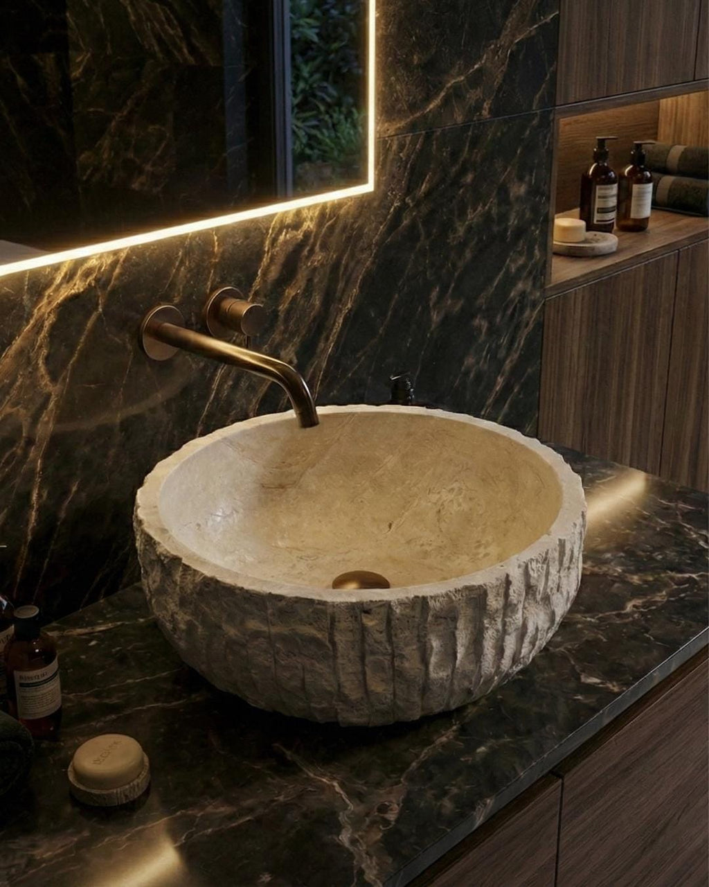 Travertine Marble Round Sink Handmade Luxury Bathroom Vanity Natural Stone Basin