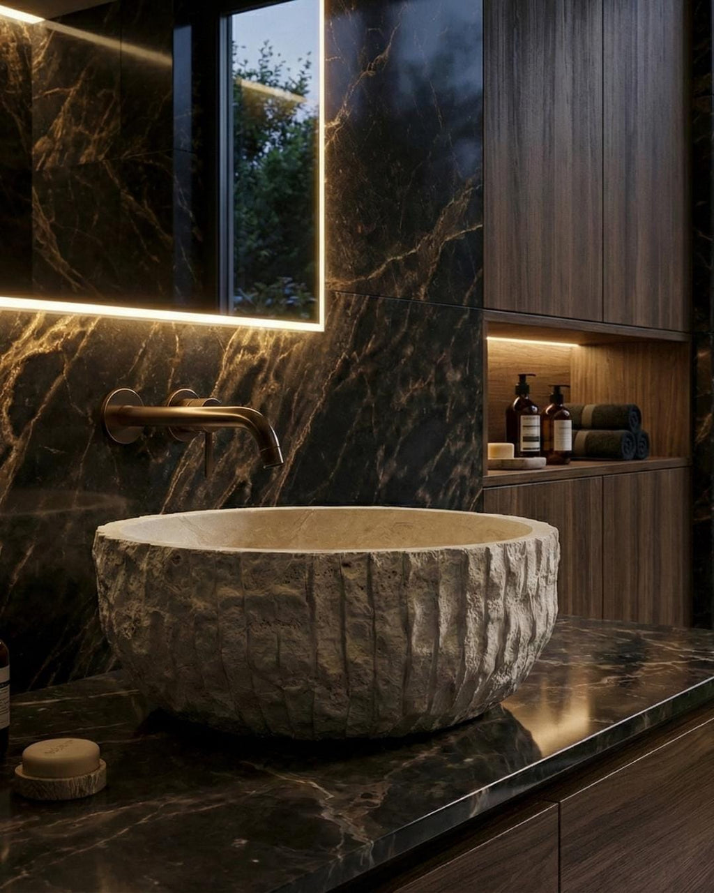 Travertine Marble Round Sink Handmade Luxury Bathroom Vanity Natural Stone Basin