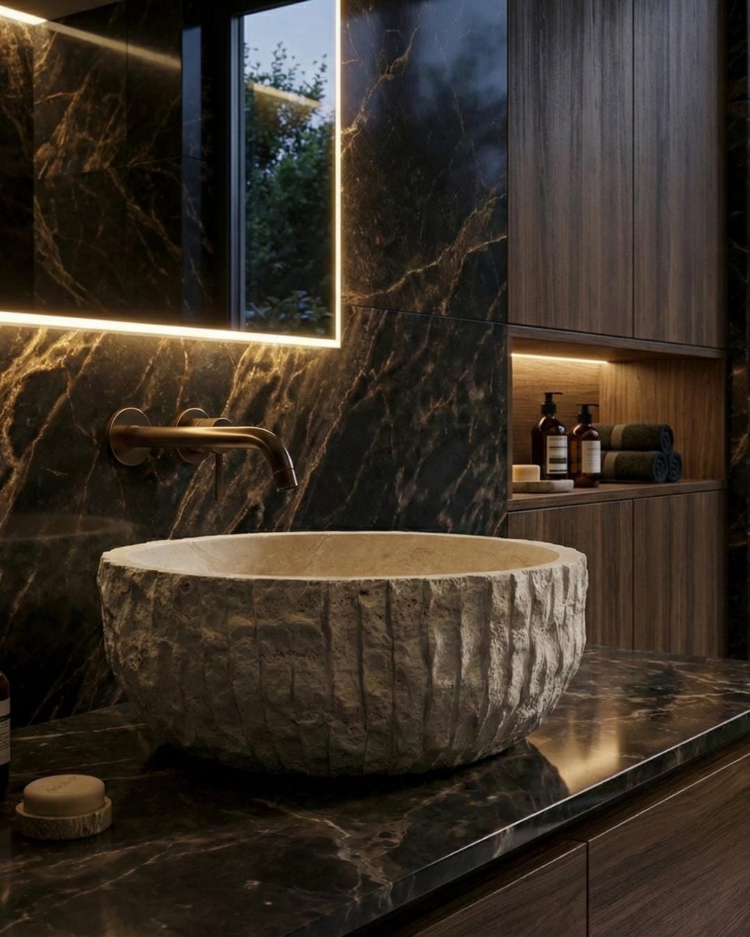 Travertine Marble Round Sink Handmade Luxury Bathroom Vanity Natural Stone Basin