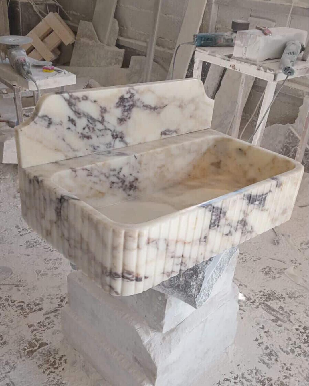 Hand Carved Calacatta Viola Marble Sink with Backsplash, Custom Size