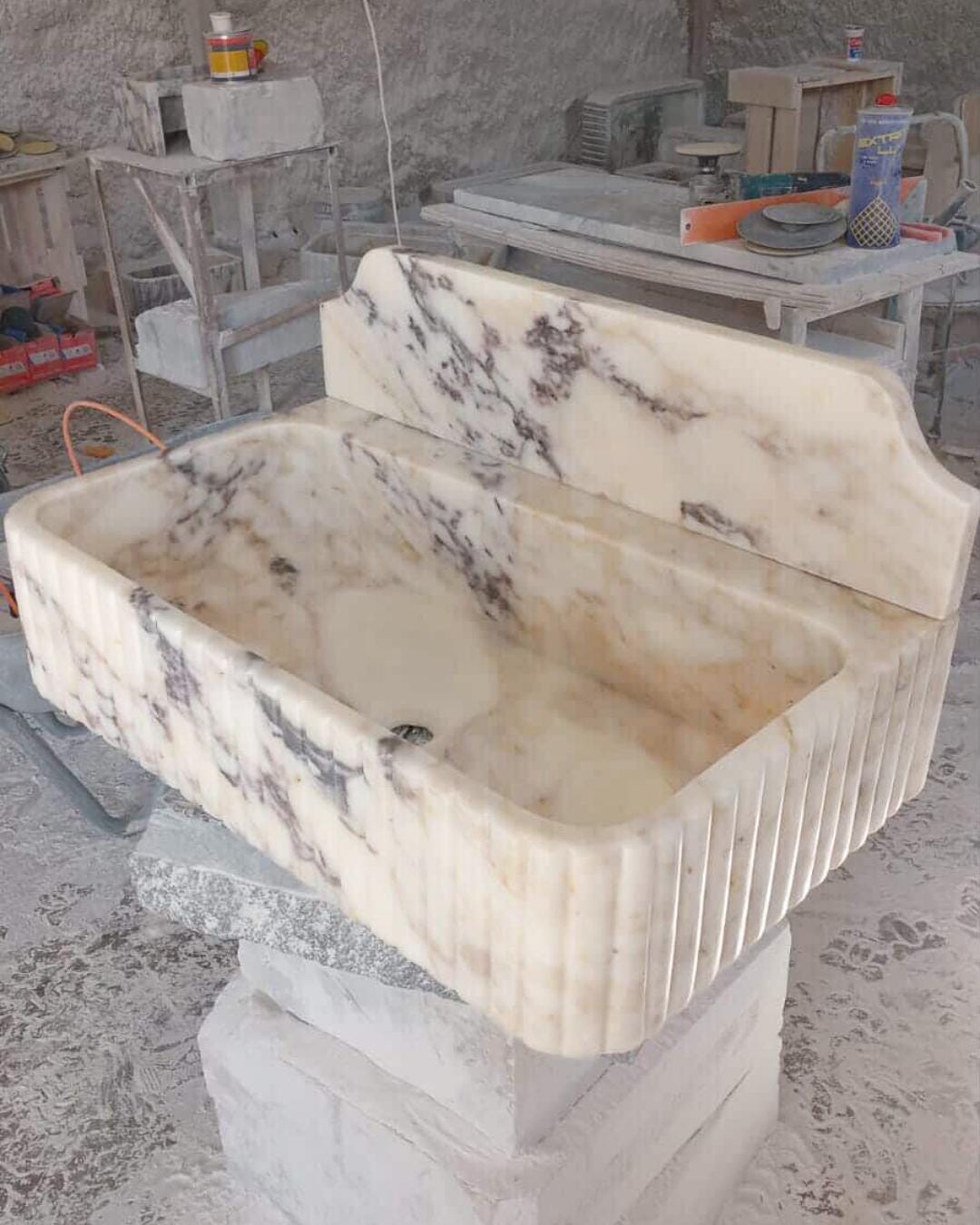Hand Carved Calacatta Viola Marble Sink with Backsplash, Custom Size