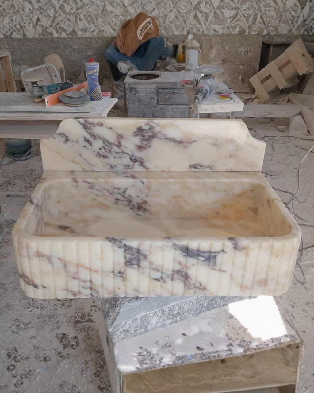 Hand Carved Calacatta Viola Marble Sink with Backsplash, Custom Size