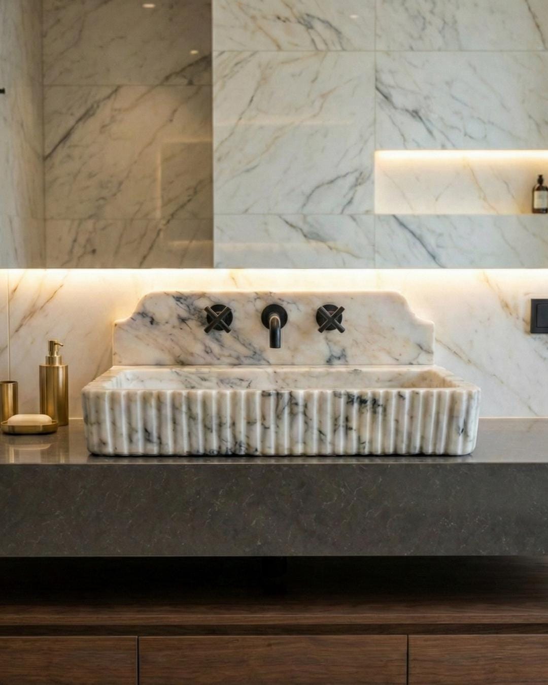 Hand Carved Calacatta Viola Marble Sink with Backsplash, Custom Size