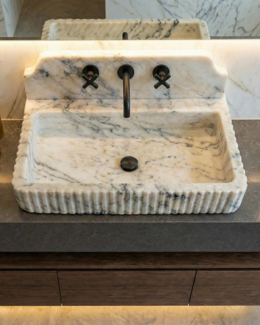 Hand Carved Calacatta Viola Marble Sink with Backsplash, Custom Size