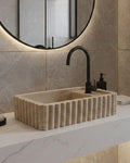 Handmade Fluted Travertine Marble Sink, Natural Stone Vessel , Ribbed Bathroom Vanity Basin, Hand-Carved Sink