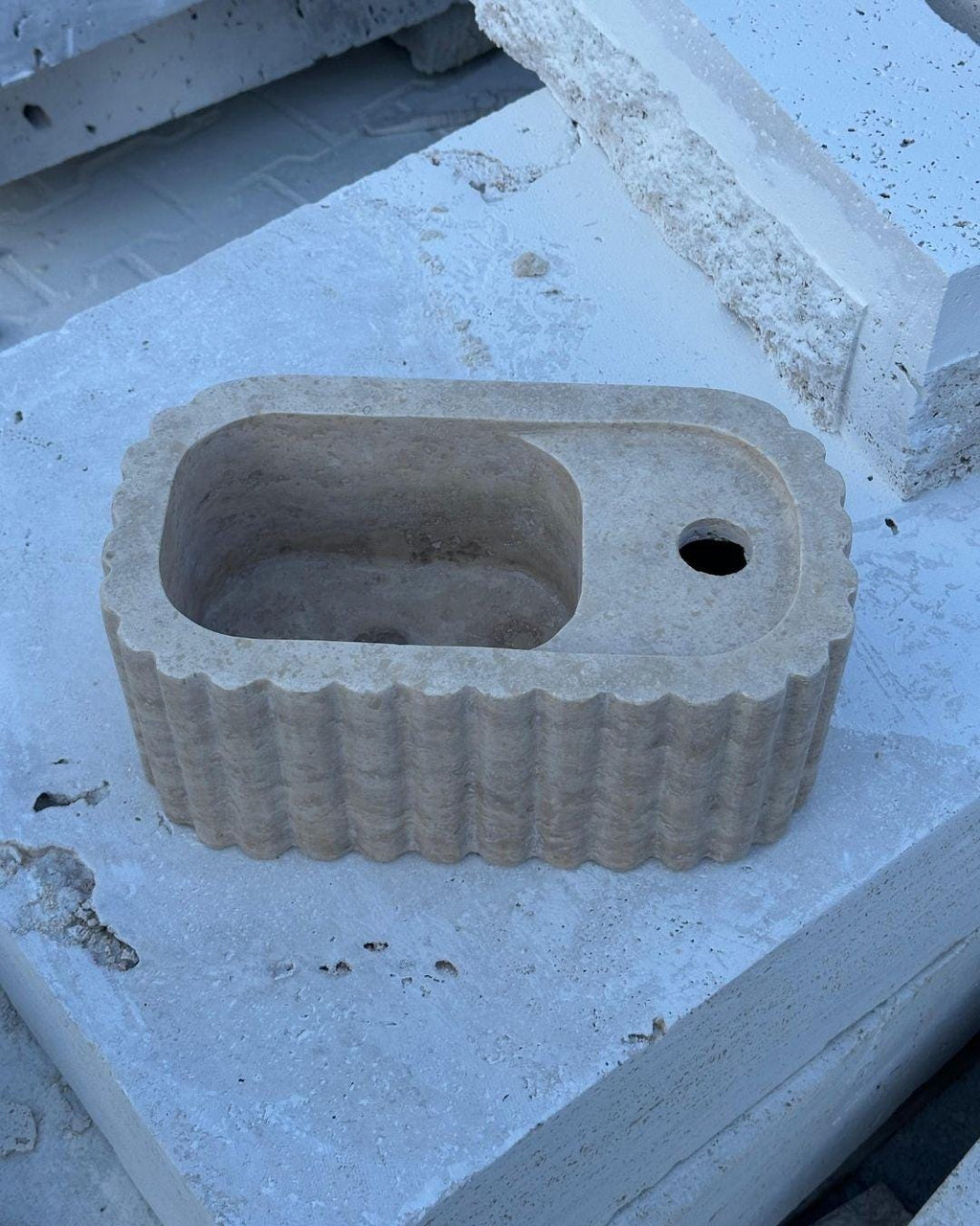 Handmade Fluted Travertine Marble Sink, Natural Stone Vessel , Ribbed Bathroom Vanity Basin, Hand-Carved Sink