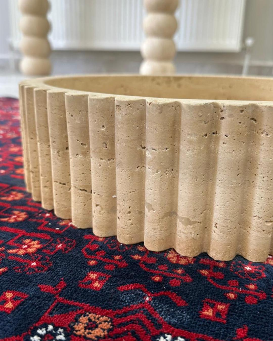 Handmade Travertine Round Fluted Sink Luxury Natural Stone Bathroom Vanity Basin