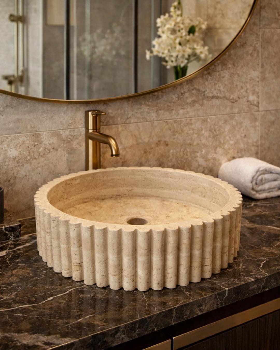 Handmade Travertine Round Fluted Sink Luxury Natural Stone Bathroom Vanity Basin