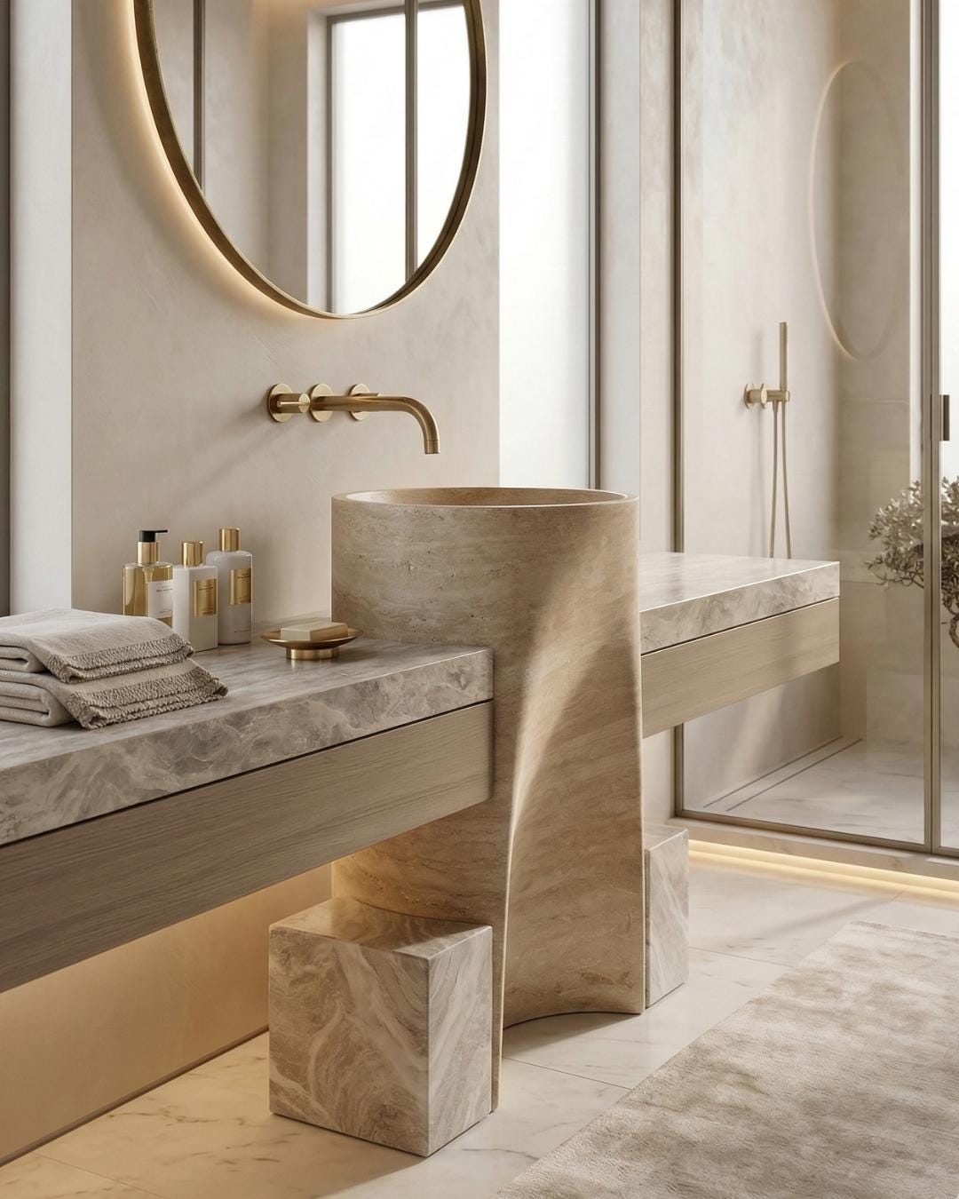 Handmade Travertine Sink, Natural Stone Pedestal Washbasin, Luxury Tall Vessel Sink for Bathroom