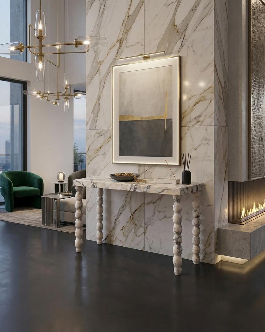 Handmade Luxury Entryway Table with Sculptural Legs: Modern Calacatta Viola Marble Console Table