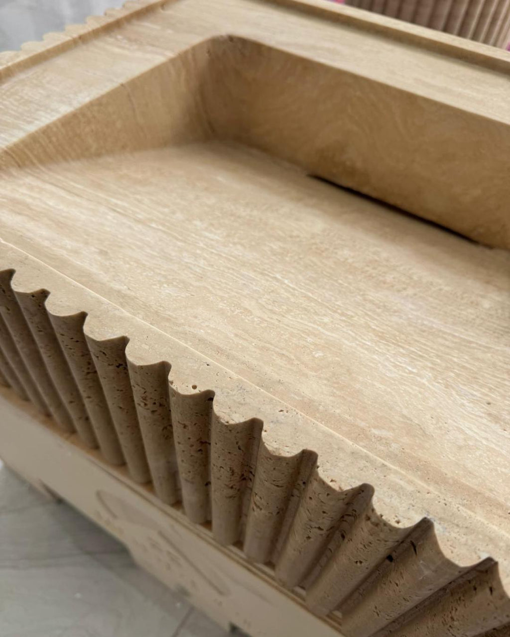 Handmade Travertine Fluted Vessel Sink, Natural Stone Marble Vanity, Hidden Drain