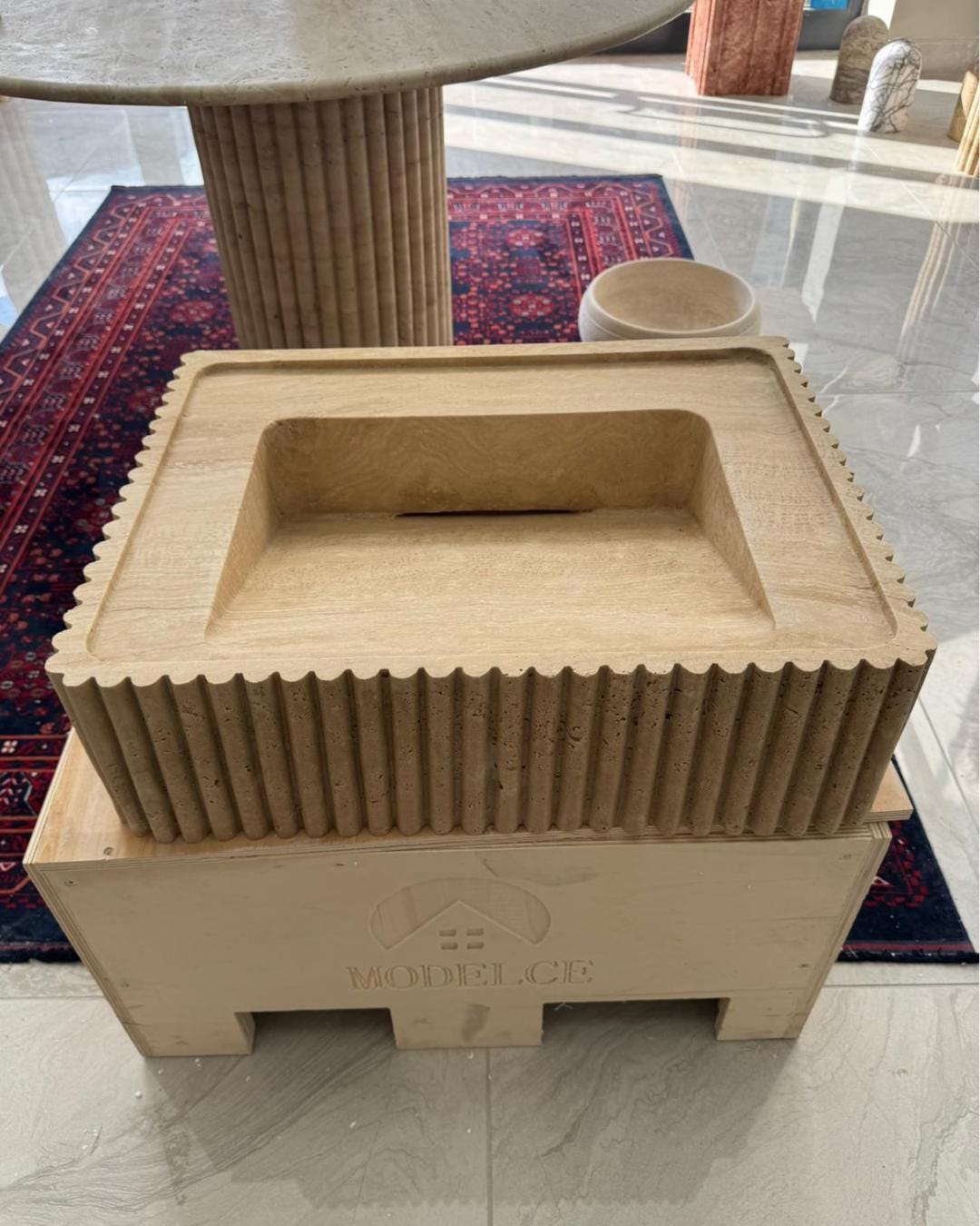 Handmade Travertine Fluted Vessel Sink, Natural Stone Marble Vanity, Hidden Drain