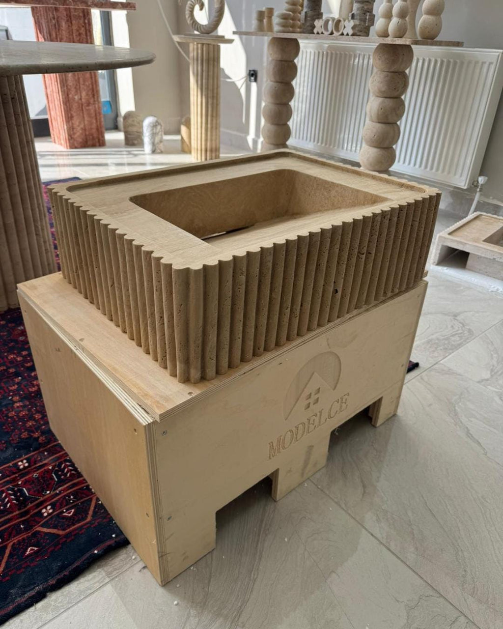 Handmade Travertine Fluted Vessel Sink, Natural Stone Marble Vanity, Hidden Drain