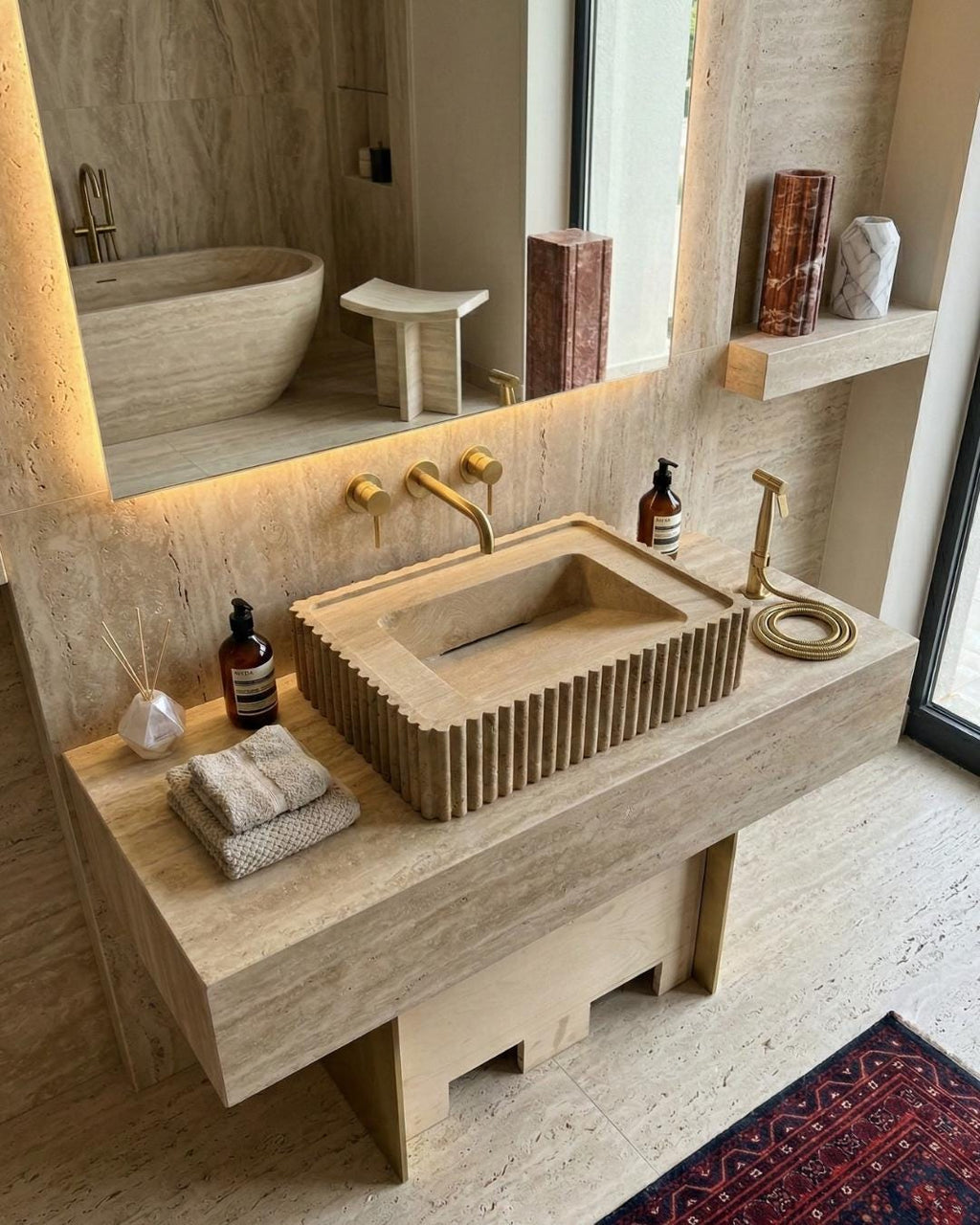 Handmade Travertine Fluted Vessel Sink, Natural Stone Marble Vanity, Hidden Drain