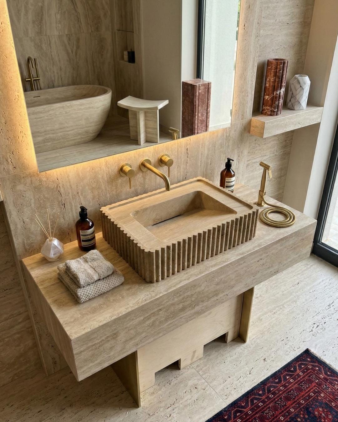 Handmade Travertine Fluted Vessel Sink, Natural Stone Marble Vanity, Hidden Drain