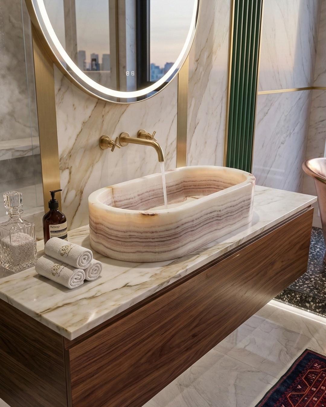 Natural Onyx Marble Vessel Sink, Hand Carved Washbasin, Luxury Bathroom Vanity Stone Sink