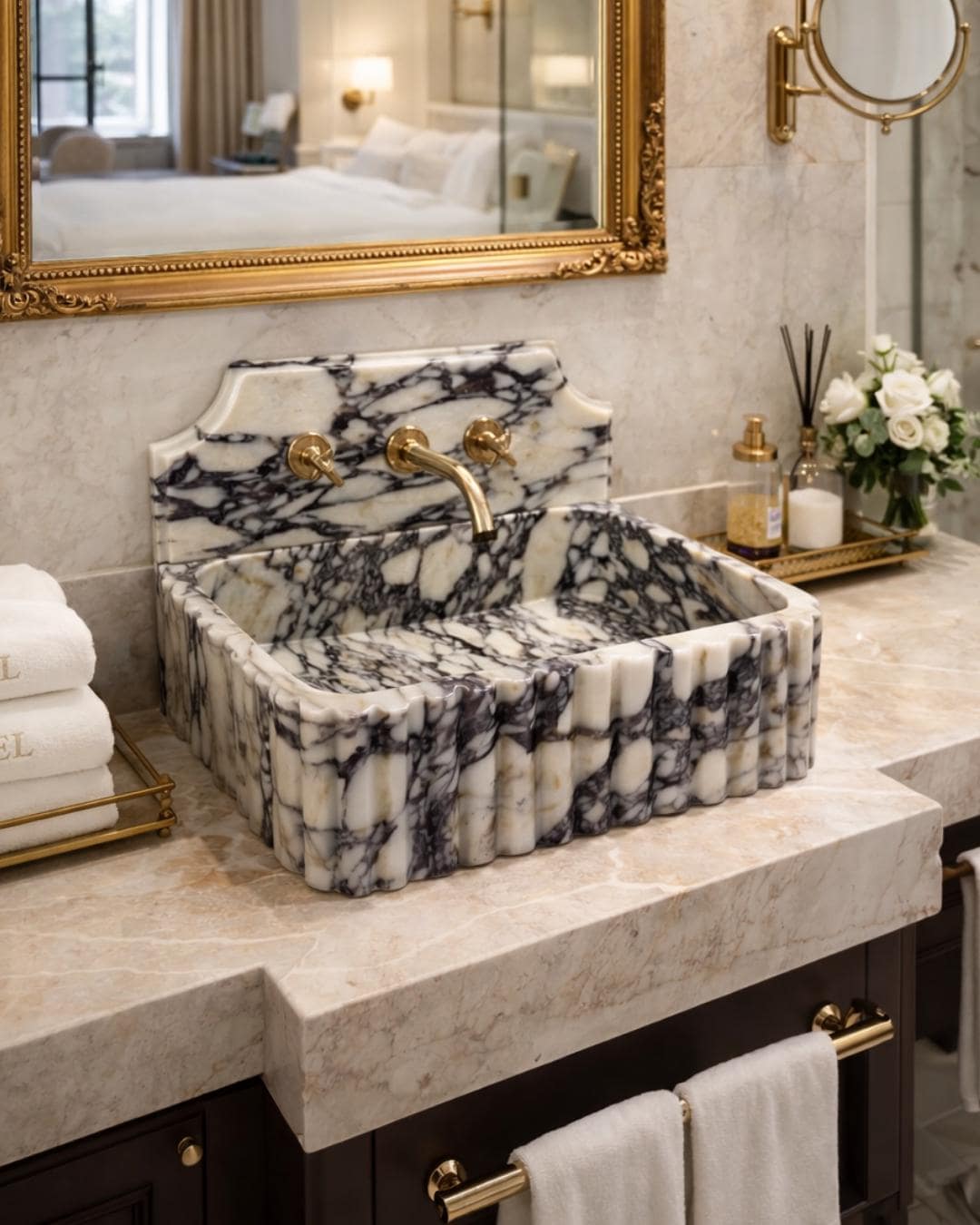 Calacatta Viola Marble Backsplash Sink Luxury Bathroom Vanity Handmade Stone Wall Mount Basin