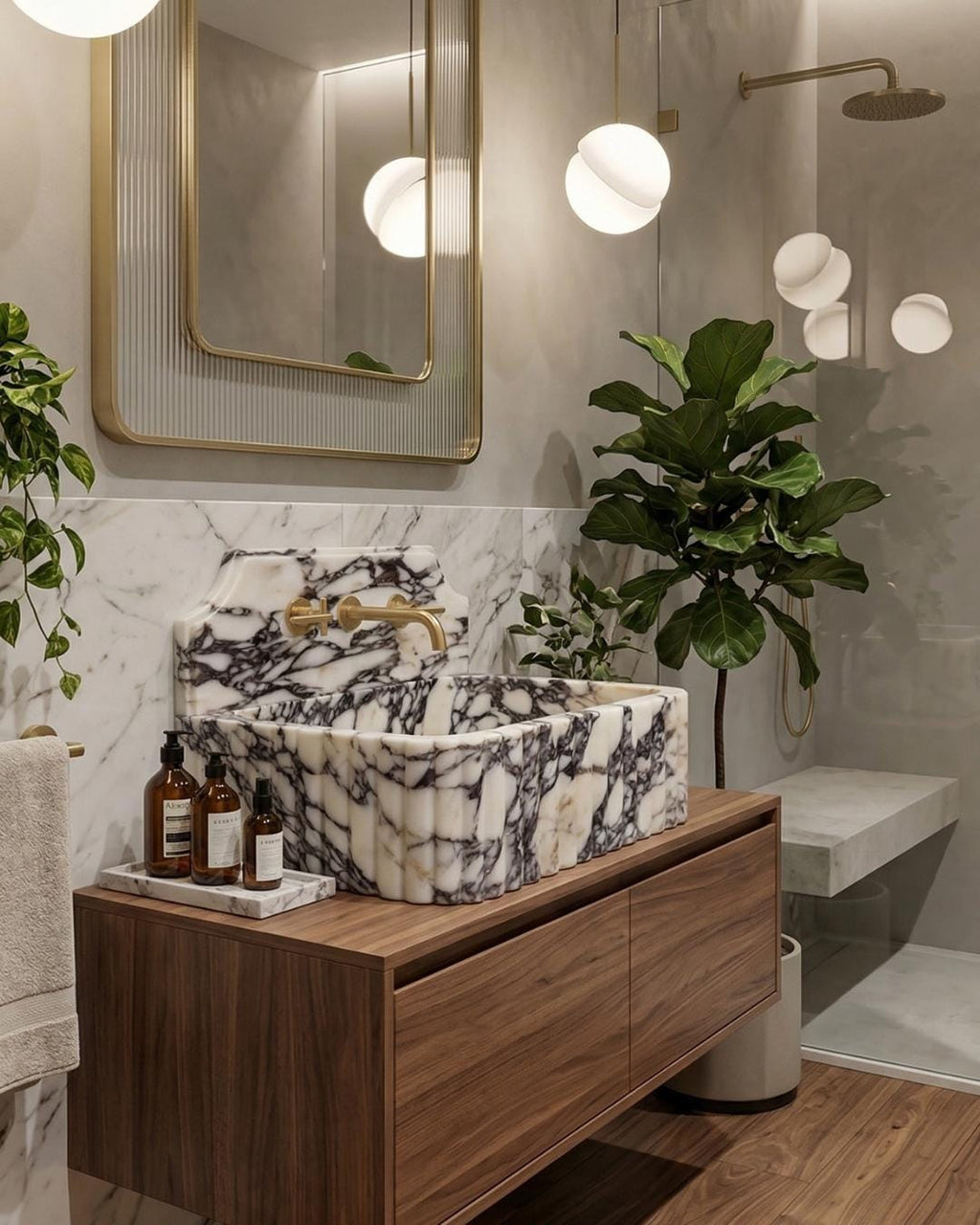 Calacatta Viola Marble Backsplash Sink Luxury Bathroom Vanity Handmade Stone Wall Mount Basin