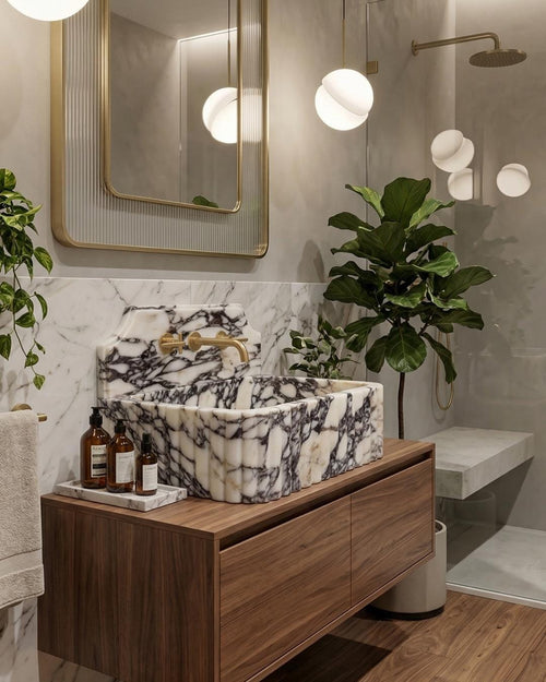 Calacatta Viola Marble Backsplash Sink Luxury Bathroom Vanity Handmade Stone Wall Mount Basin