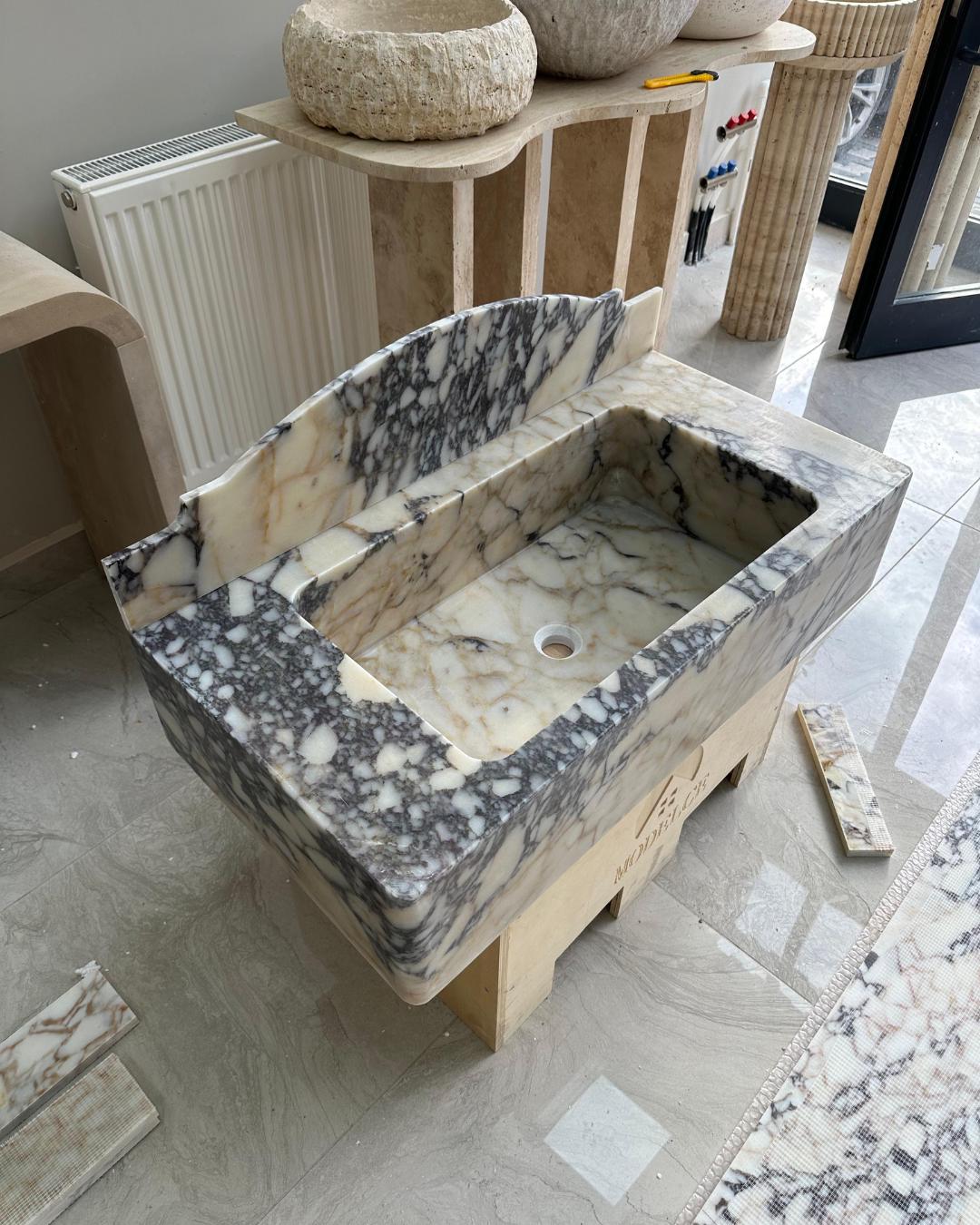 Calacatta Viola Marble Sink with Backsplash, Handmade Luxury Bathroom Vanity Basin