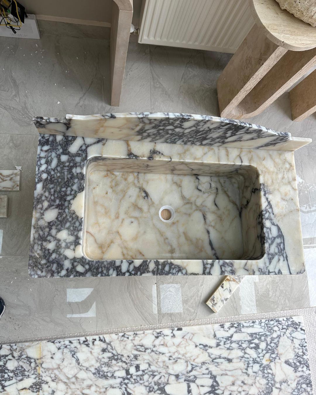 Calacatta Viola Marble Sink with Backsplash, Handmade Luxury Bathroom Vanity Basin